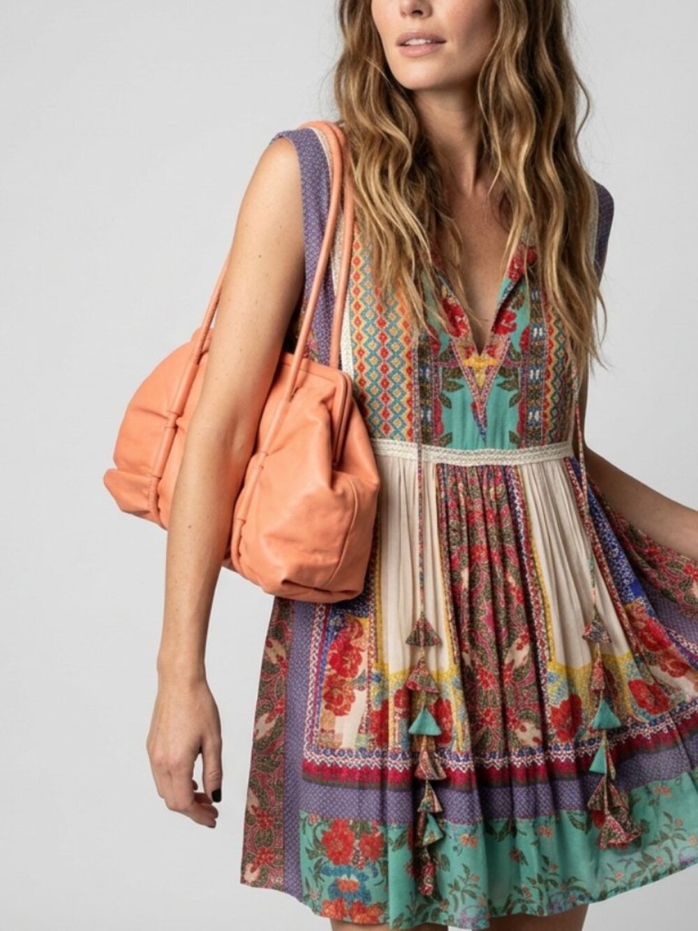 Peach Leather Purse Slouch Ruched Hobo Cheerful Colorful Shoulder Bag